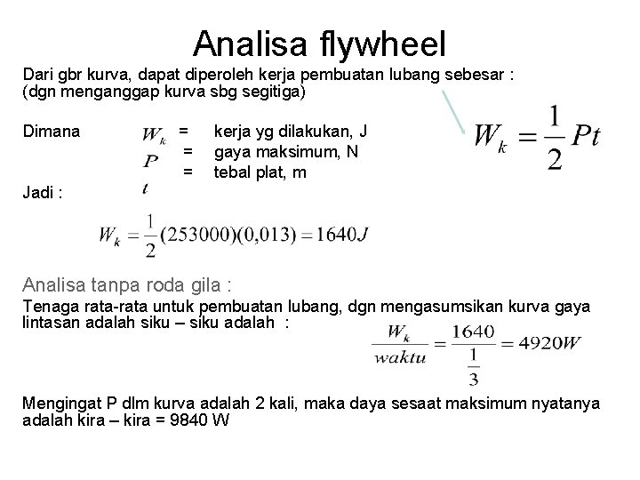 Analisa flywheel Dari gbr kurva, dapat diperoleh kerja pembuatan lubang sebesar : (dgn menganggap