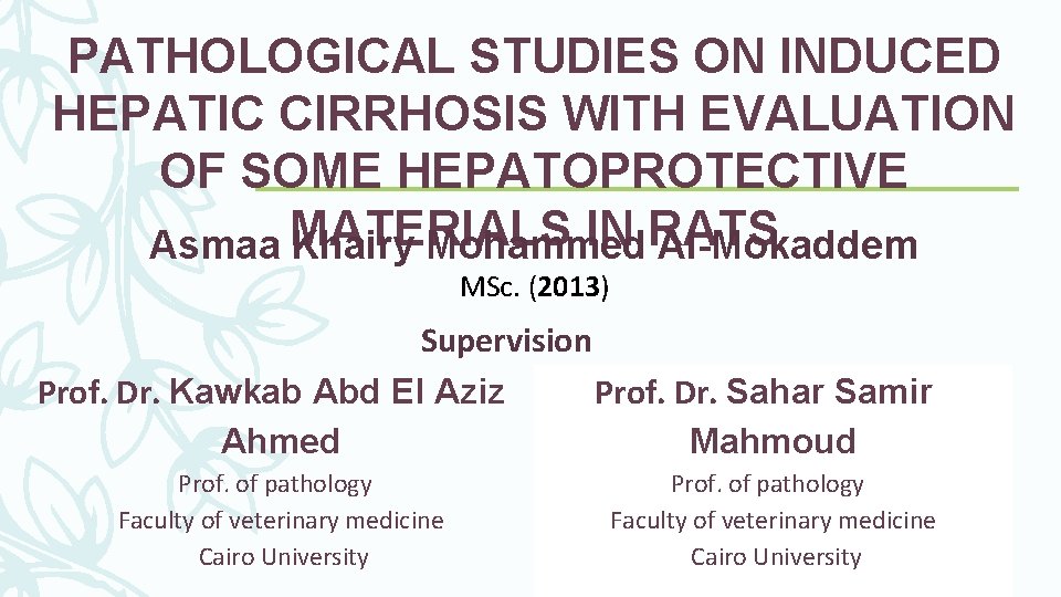 PATHOLOGICAL STUDIES ON INDUCED HEPATIC CIRRHOSIS WITH EVALUATION OF SOME HEPATOPROTECTIVE IN RATS Asmaa PATHOLOGICAL STUDIES ON INDUCED HEPATIC CIRRHOSIS WITH EVALUATION OF SOME HEPATOPROTECTIVE IN RATS Asmaa