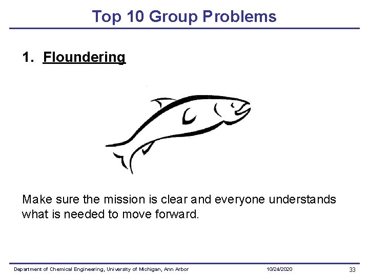 Top 10 Group Problems 1. Floundering Make sure the mission is clear and everyone