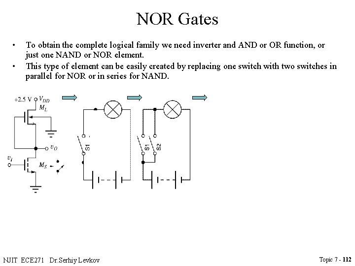 NOR Gates • • To obtain the complete logical family we need inverter and