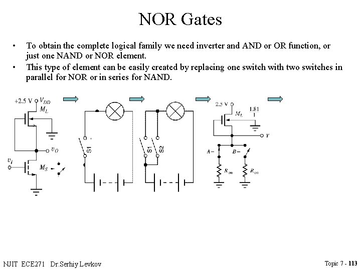 NOR Gates • • To obtain the complete logical family we need inverter and