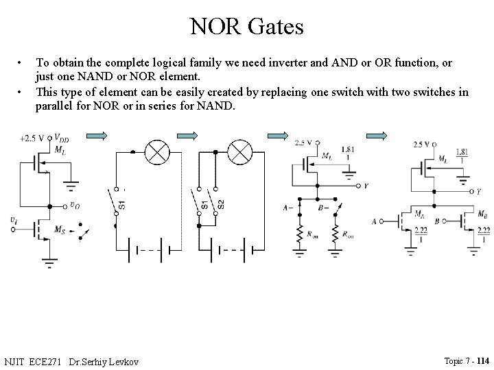 NOR Gates • • To obtain the complete logical family we need inverter and