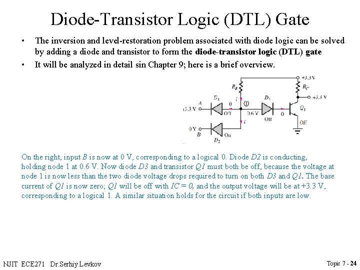 Diode-Transistor Logic (DTL) Gate • • The inversion and level-restoration problem associated with diode