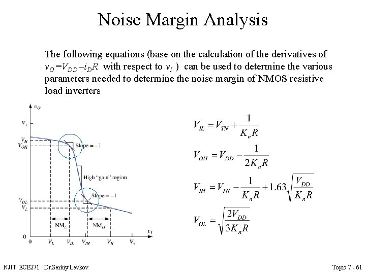 Noise Margin Analysis The following equations (base on the calculation of the derivatives of