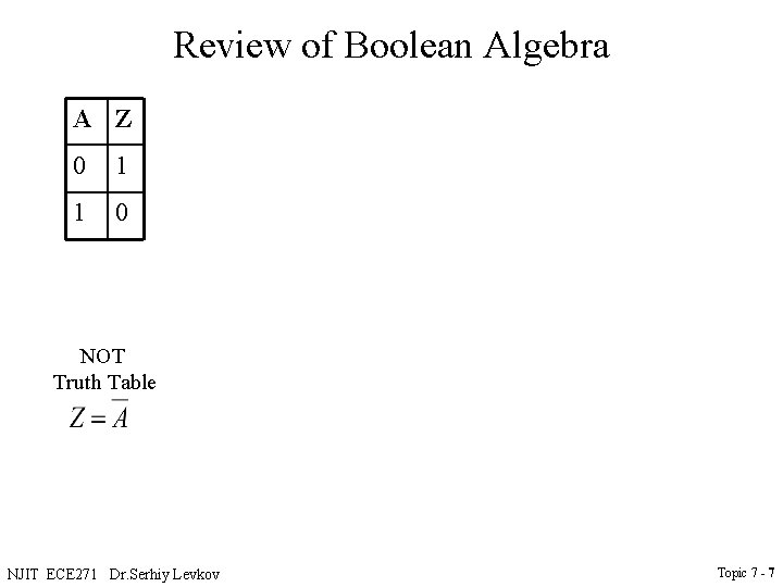 Review of Boolean Algebra A Z A B Z 0 1 0 0 0