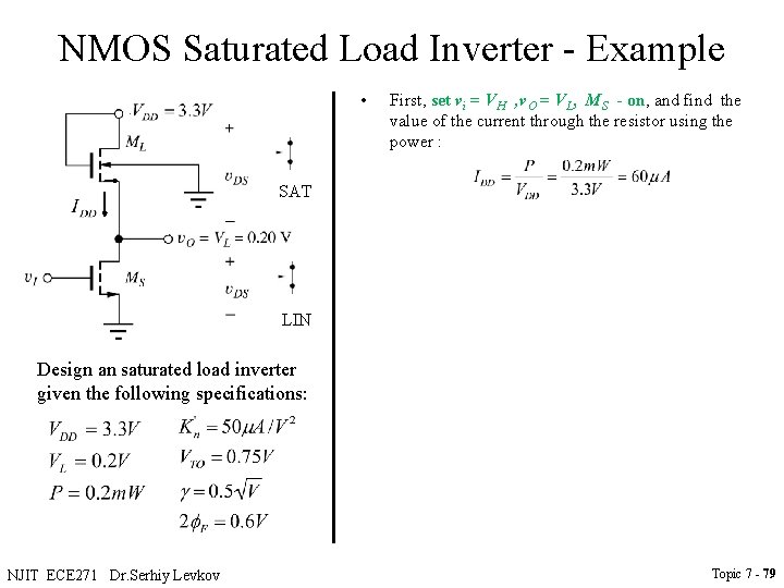 NMOS Saturated Load Inverter - Example • First, set vi = VH , v.