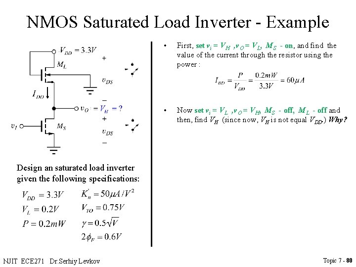 NMOS Saturated Load Inverter - Example • First, set vi = VH , v.