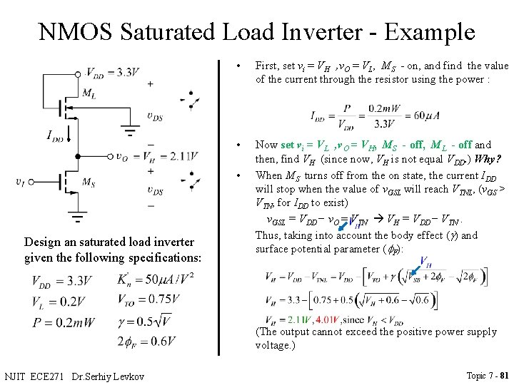 NMOS Saturated Load Inverter - Example • First, set vi = VH , v.