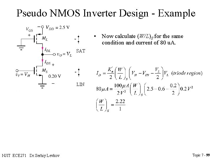 Pseudo NMOS Inverter Design - Example • Now calculate (W/L)S for the same condition