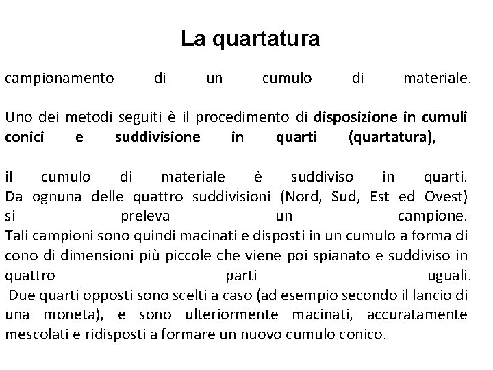 La quartatura campionamento di un cumulo di materiale. Uno dei metodi seguiti è il