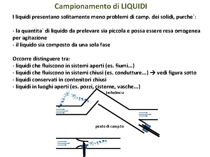 Campionamento di LIQUIDI I liquidi presentano solitamente meno problemi di camp. dei solidi, purche`: