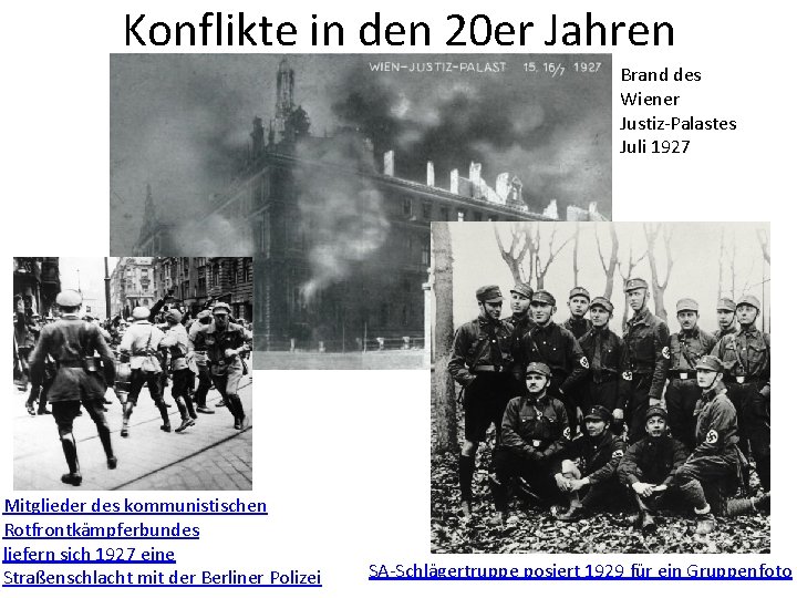 Konflikte in den 20 er Jahren Brand des Wiener Justiz-Palastes Juli 1927 Mitglieder des