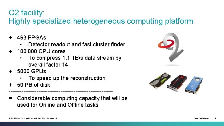 O 2 facility: Highly specialized heterogeneous computing platform + 463 FPGAs • Detector readout