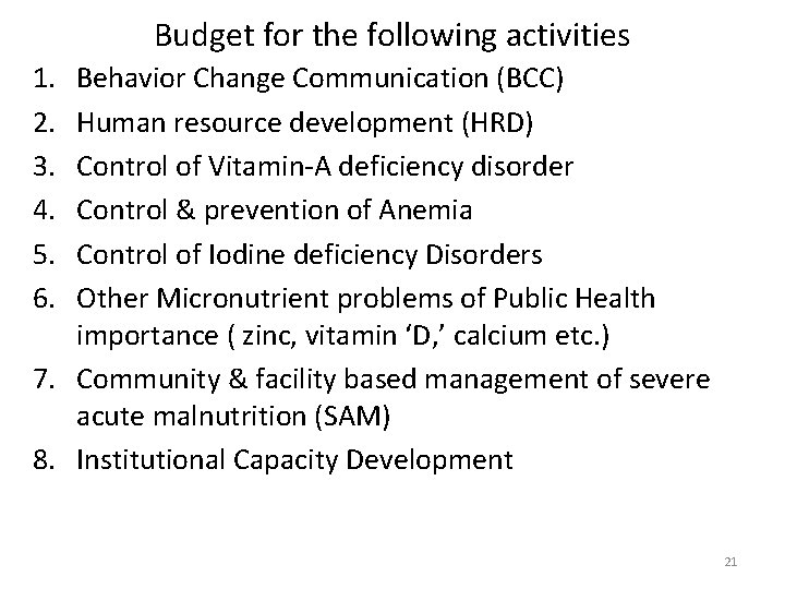 Budget for the following activities 1. 2. 3. 4. 5. 6. Behavior Change Communication