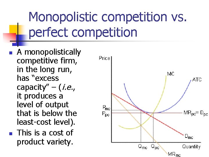 Monopolistic competition vs. perfect competition n n A monopolistically competitive firm, in the long