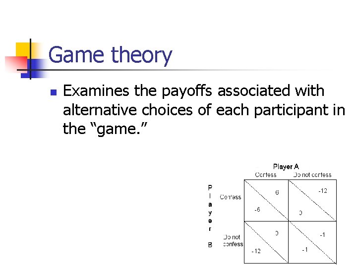 Game theory n Examines the payoffs associated with alternative choices of each participant in
