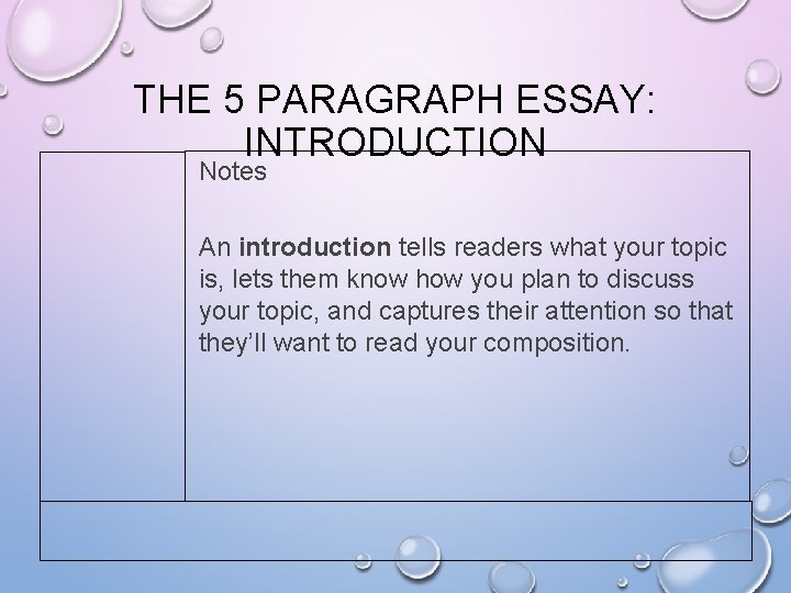 THE 5 PARAGRAPH ESSAY: INTRODUCTION Notes An introduction tells readers what your topic is,