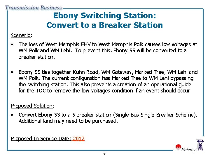 Ebony Switching Station: Convert to a Breaker Station Scenario: • The loss of West