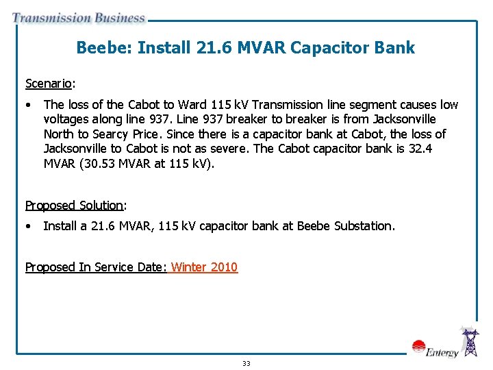 Beebe: Install 21. 6 MVAR Capacitor Bank Scenario: • The loss of the Cabot