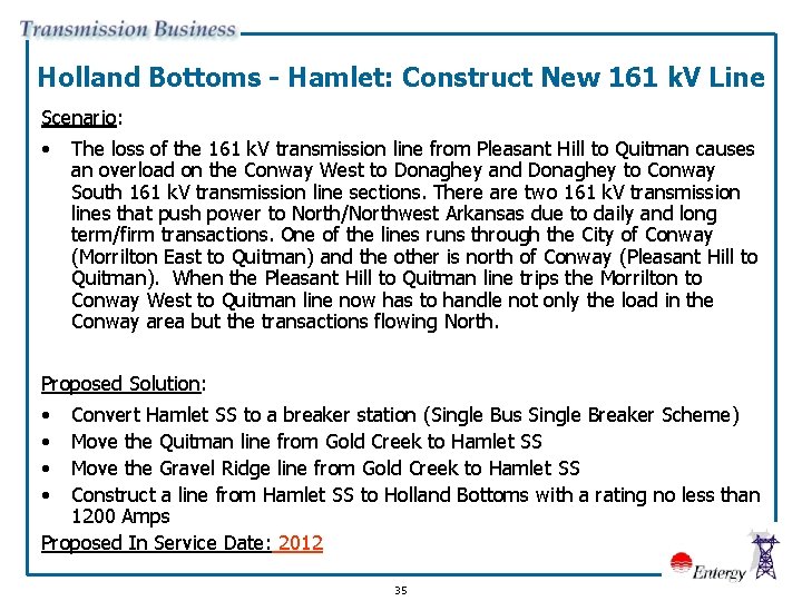 Holland Bottoms - Hamlet: Construct New 161 k. V Line Scenario: • The loss