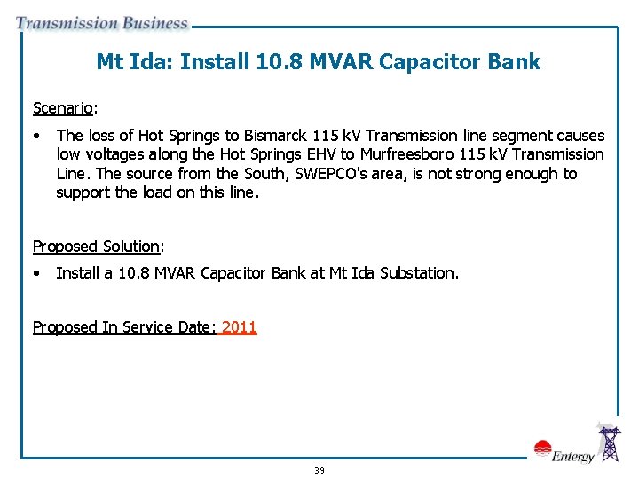 Mt Ida: Install 10. 8 MVAR Capacitor Bank Scenario: • The loss of Hot
