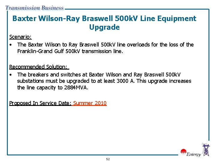 Baxter Wilson-Ray Braswell 500 k. V Line Equipment Upgrade Scenario: • The Baxter Wilson