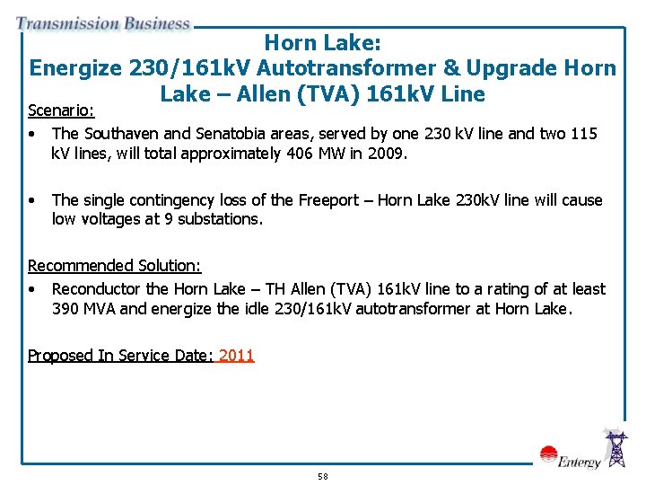 Horn Lake: Energize 230/161 k. V Autotransformer & Upgrade Horn Lake – Allen (TVA)