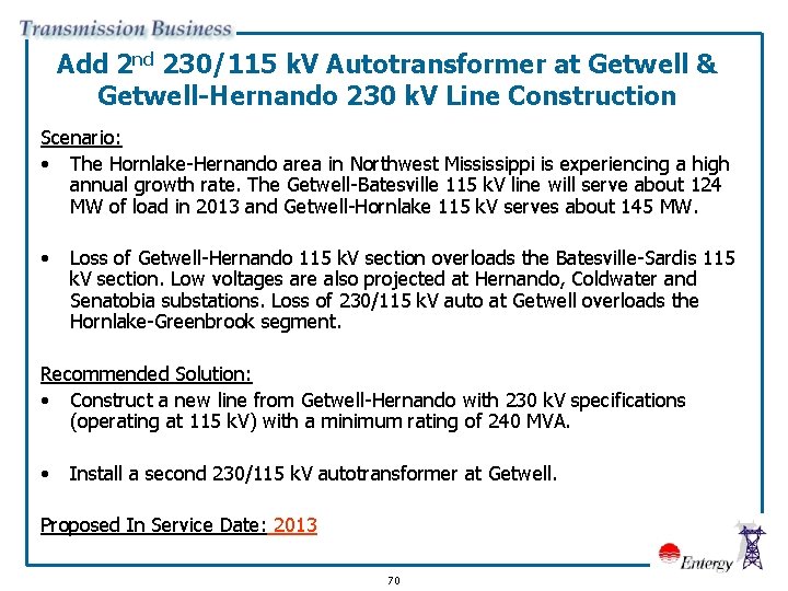 Add 2 nd 230/115 k. V Autotransformer at Getwell & Getwell-Hernando 230 k. V