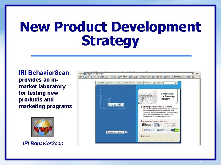 New Product Development Strategy IRI Behavior. Scan provides an inmarket laboratory for testing new