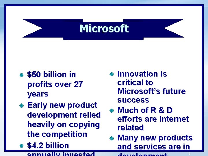 Microsoft c $50 billion in profits over 27 years Early new product development relied