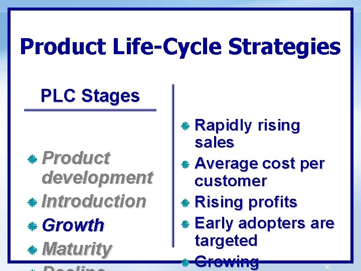 Product Life-Cycle Strategies PLC Stages Product development Introduction Growth Maturity Rapidly rising sales Average