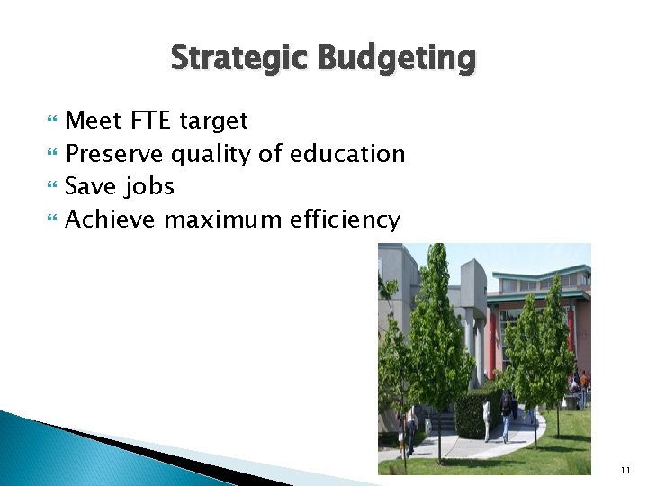 Strategic Budgeting Meet FTE target Preserve quality of education Save jobs Achieve maximum efficiency