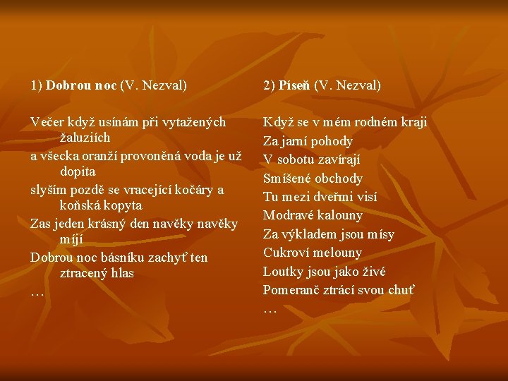 1) Dobrou noc (V. Nezval) 2) Píseň (V. Nezval) Večer když usínám při vytažených 1) Dobrou noc (V. Nezval) 2) Píseň (V. Nezval) Večer když usínám při vytažených