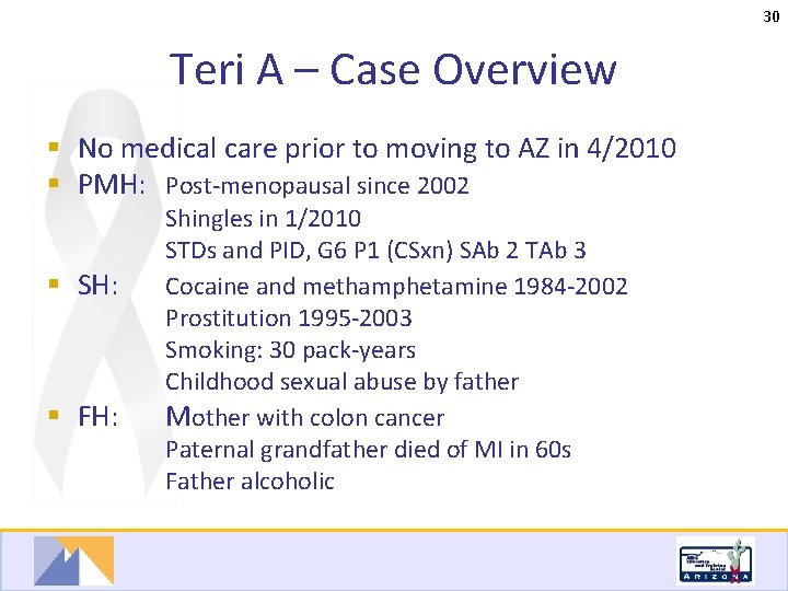 30 Teri A – Case Overview § No medical care prior to moving to