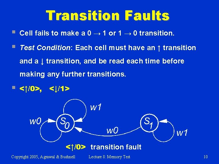 Transition Faults § § Cell fails to make a 0 → 1 or 1