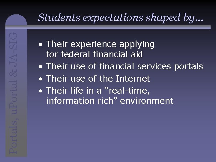 Portals, u. Portal & JA-SIG Students expectations shaped by. . . • Their experience