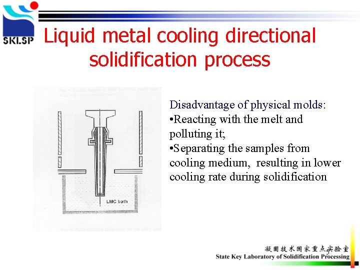 Liquid metal cooling directional solidification process Disadvantage of physical molds: • Reacting with the