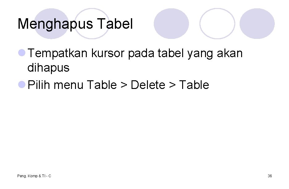 Menghapus Tabel l Tempatkan kursor pada tabel yang akan dihapus l Pilih menu Table