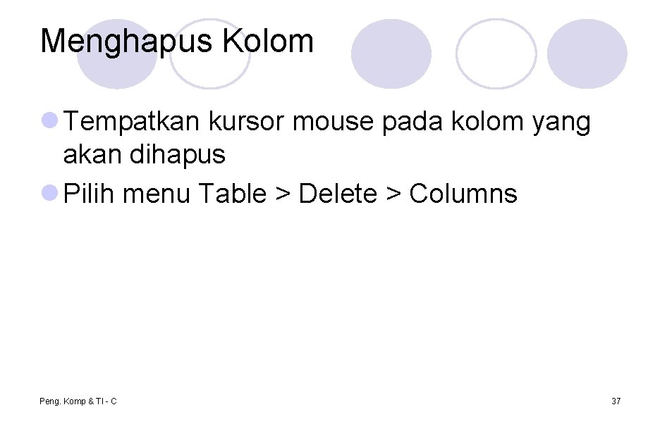 Menghapus Kolom l Tempatkan kursor mouse pada kolom yang akan dihapus l Pilih menu