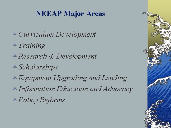 NEEAP Major Areas ©Curriculum Development ©Training ©Research & Development ©Scholarships ©Equipment Upgrading and Lending