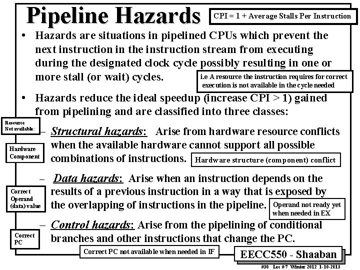 Pipeline Hazards CPI = 1 + Average Stalls Per Instruction • Hazards are situations