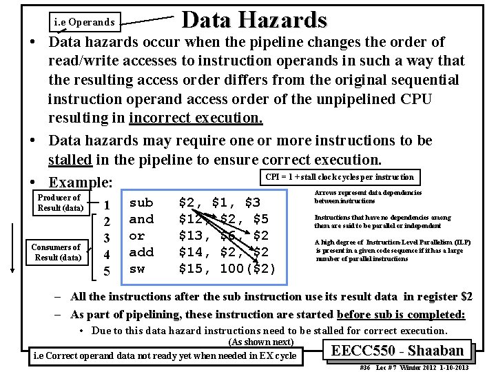 Data Hazards i. e Operands • Data hazards occur when the pipeline changes the