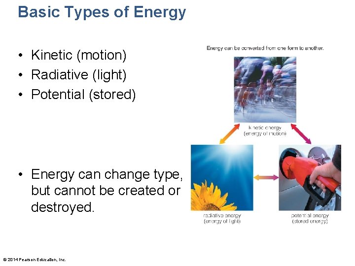 Basic Types of Energy • Kinetic (motion) • Radiative (light) • Potential (stored) •