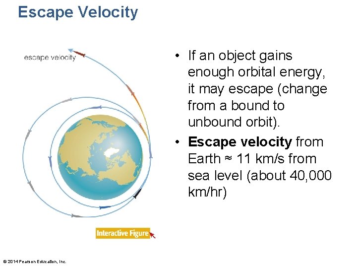 Escape Velocity • If an object gains enough orbital energy, it may escape (change