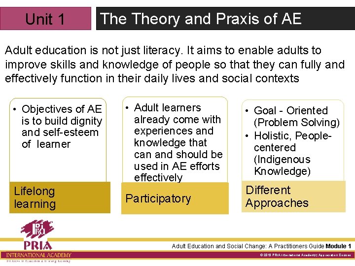 Unit 1 Theory and Praxis of AE Adult education is not just literacy. It
