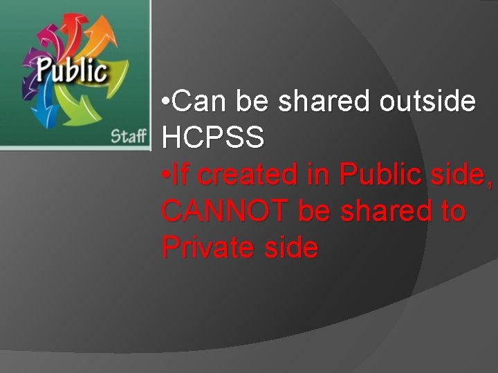 • Can be shared outside HCPSS • If created in Public side, CANNOT • Can be shared outside HCPSS • If created in Public side, CANNOT