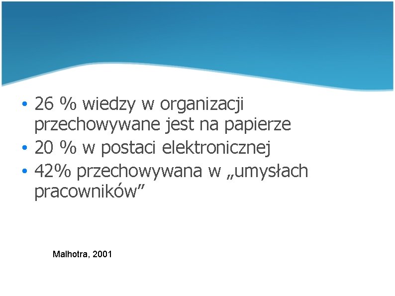 • 26 % wiedzy w organizacji przechowywane jest na papierze • 20 % • 26 % wiedzy w organizacji przechowywane jest na papierze • 20 %