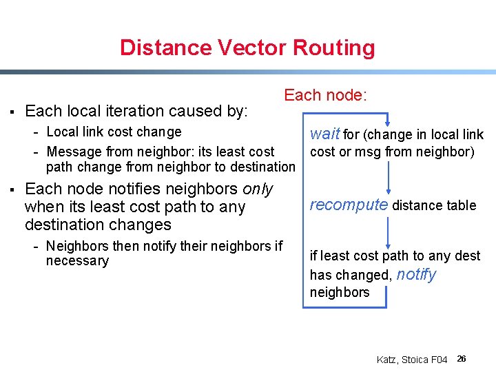 Distance Vector Routing § Each local iteration caused by: Each node: - Local link