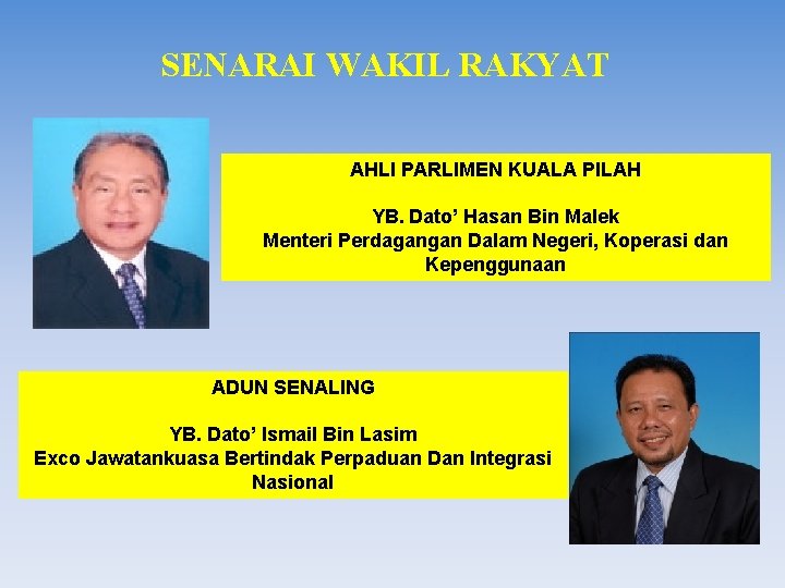 SENARAI WAKIL RAKYAT AHLI PARLIMEN KUALA PILAH YB. Dato’ Hasan Bin Malek Menteri Perdagangan