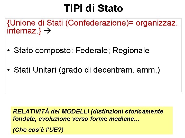 TIPI di Stato {Unione di Stati (Confederazione)= organizzaz. internaz. } • Stato composto: Federale;